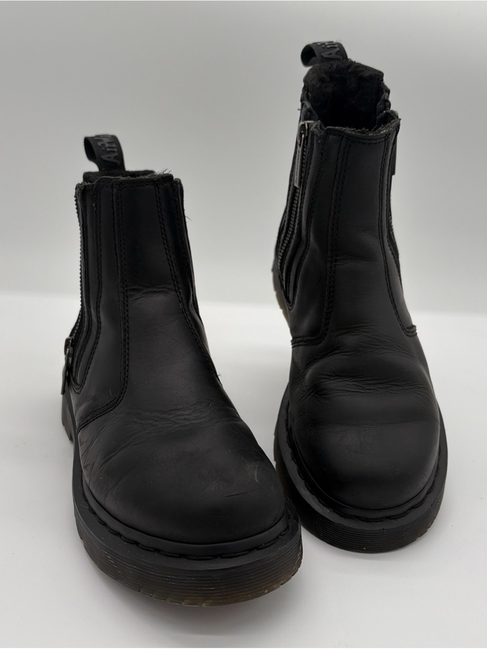 DR. MARTENS Alyson Black Leather Double Zip Ankle Chelsea Boots Size 7 Moto Bike